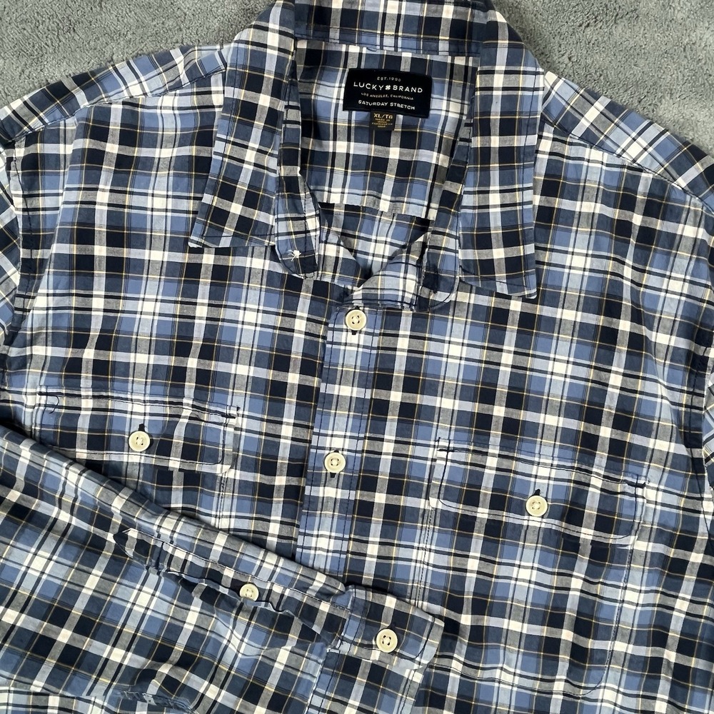 Lucky Brand Saturday Stretch Shirt Mens XL Blue Plaid Pockets Preppy Long Sleeve